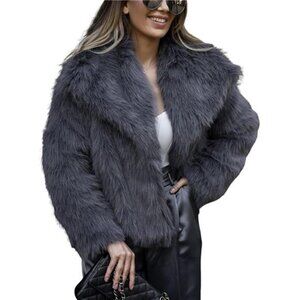 Womens Faux Fur Coat Lapel Open Front Fluffy Dark Blue